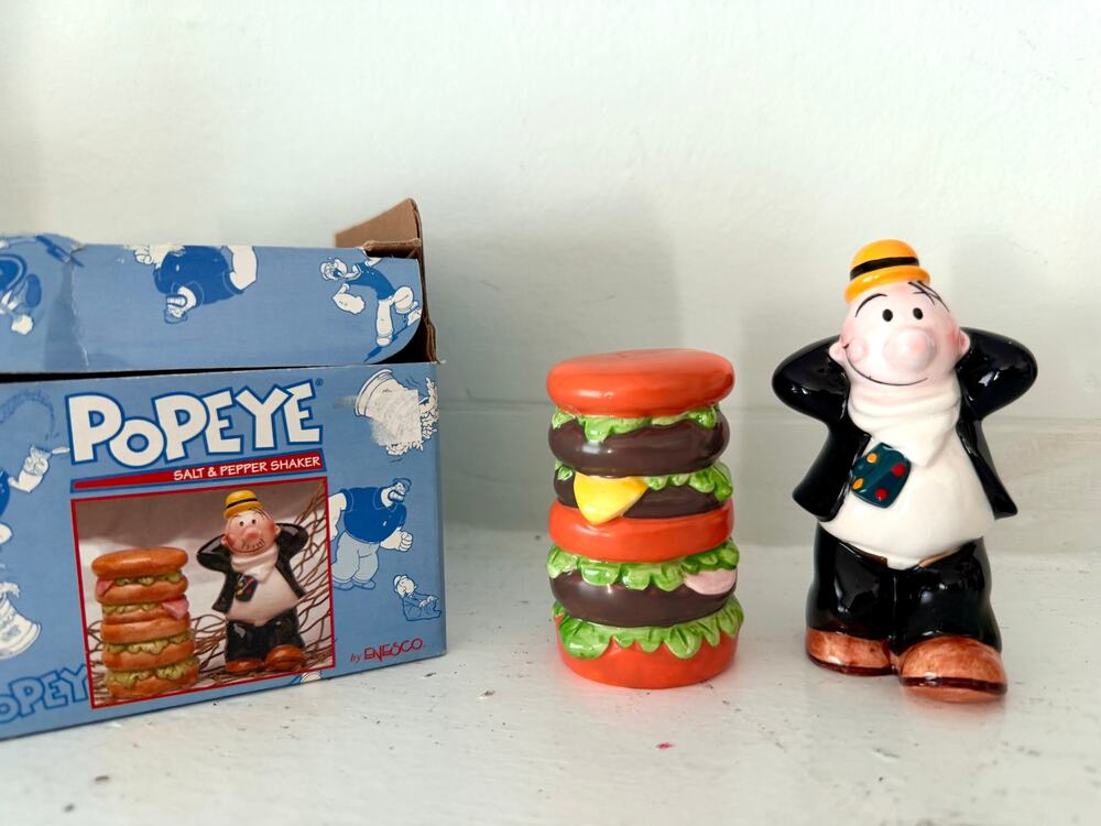 Vintage Enesco Popeye Wimpy & Hamburger Ceramic Salt and Pepper Shakers Set
